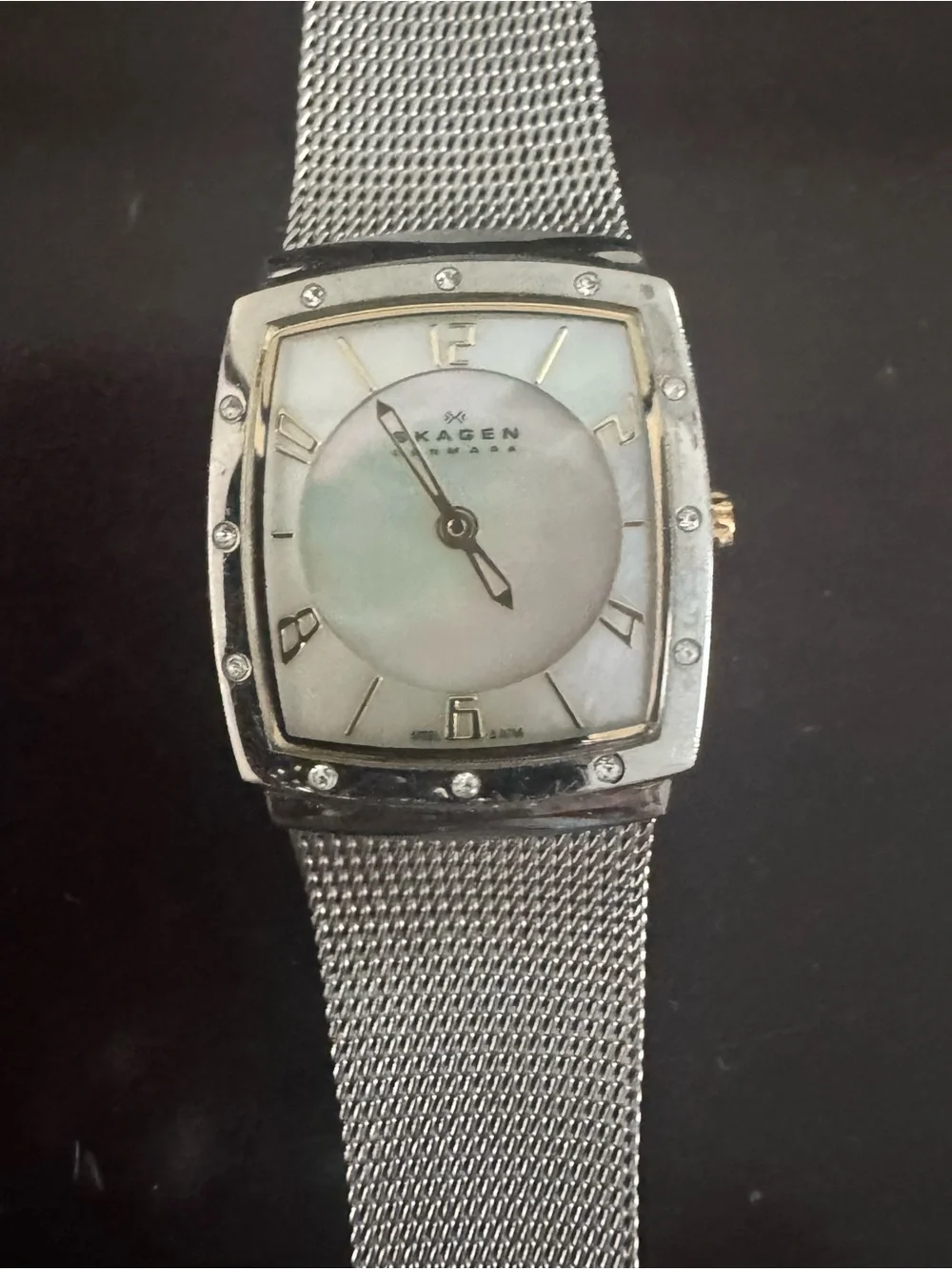 Skagen Silver Mesh Watch with Mother-of-Pearl Dial